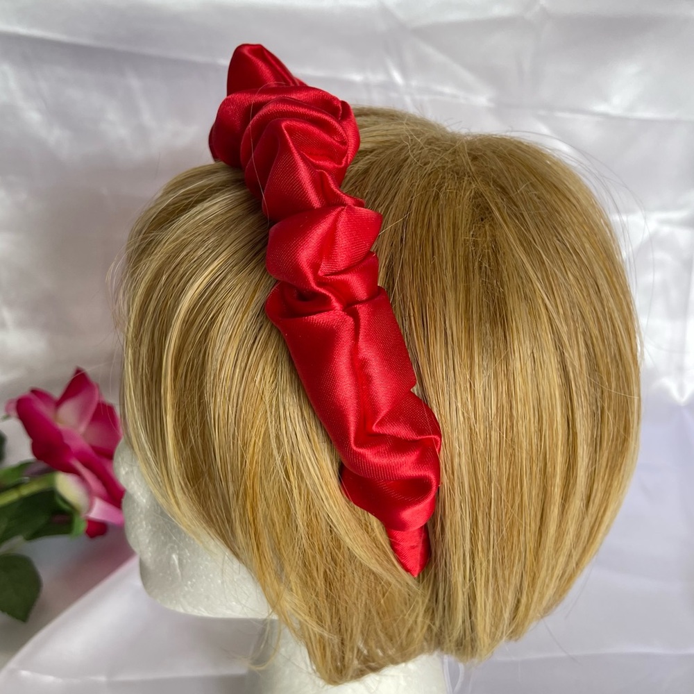 Red Satin Headband wrap scrunched For Women Pleated design - Picture 8 of 15